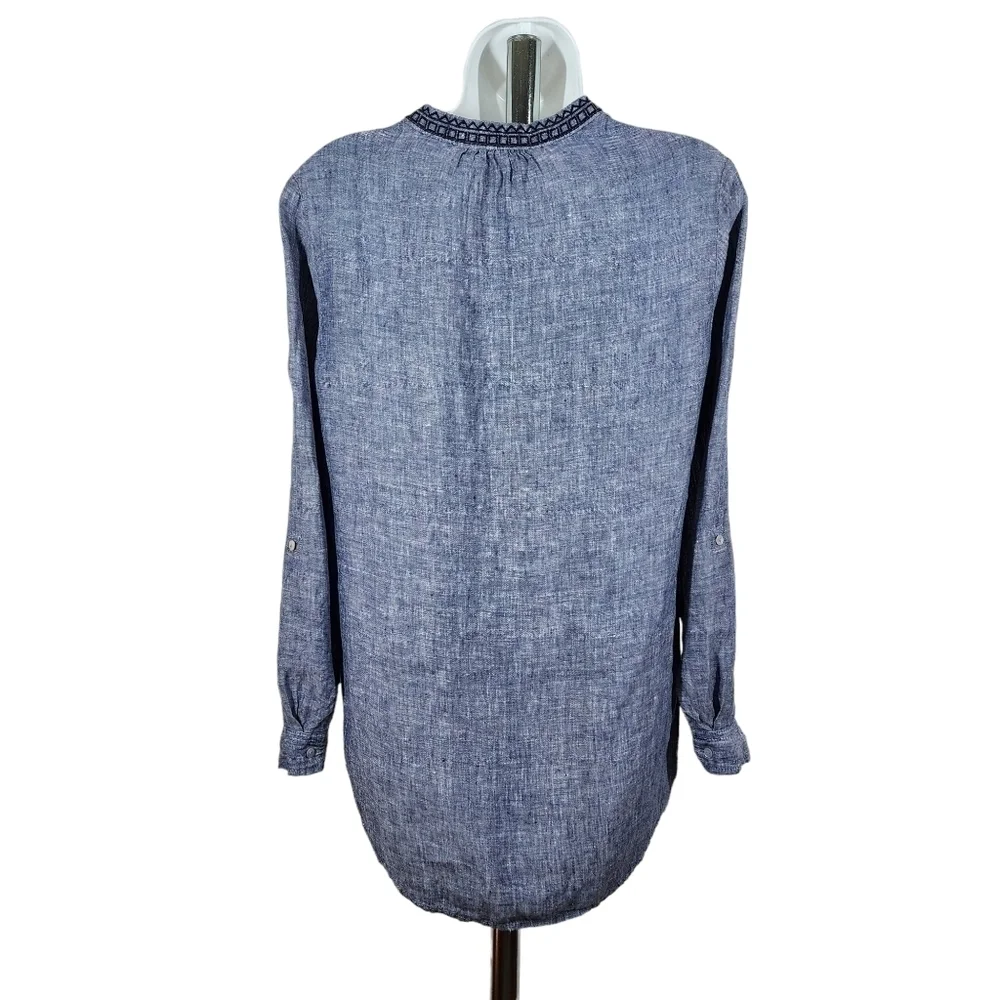ARTISAN NY 100% LINEN V-NECK ROLL TAB SLEEVE TOP